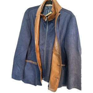 Manly Faux Leather Blazer Cotton Linen Blend Button/Zip Blue Suede PTP 26 in